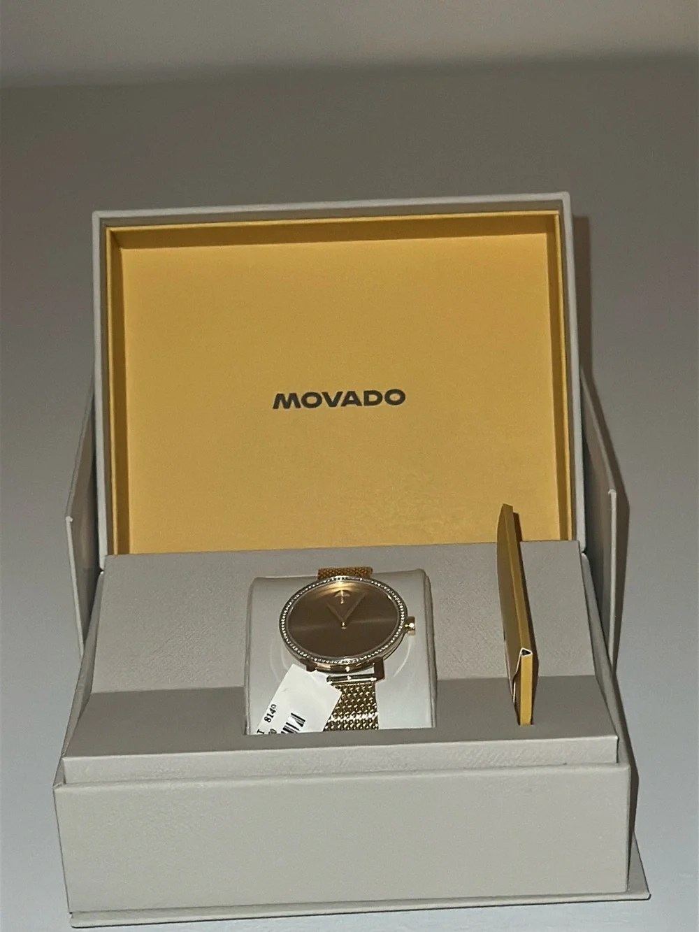 Movado Gold Dial Watch with Crystal Bezel and Mesh Bracelet